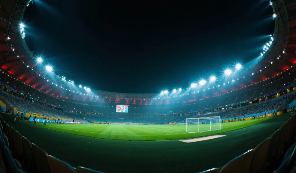 灯火辉煌的世界杯半决赛球场,充满张力与戏剧感