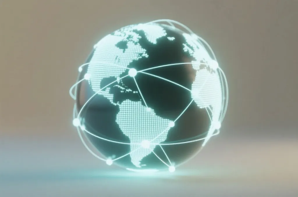 An abstract glowing globe with clean connecting lines representing international football unity, neutral background